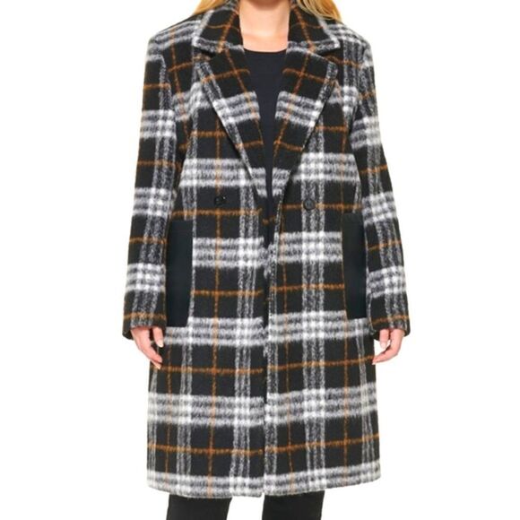 Calvin Klein Petite Plaid Faux-Leather-Pocket Walker Coat Wool Blend Black PXXS - Picture 1 of 10